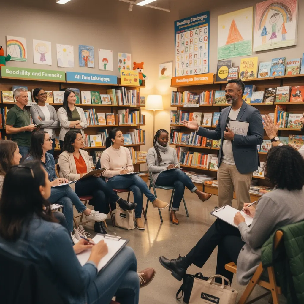 A young child happily reading a bright illustrated book in a cozy reading nook.