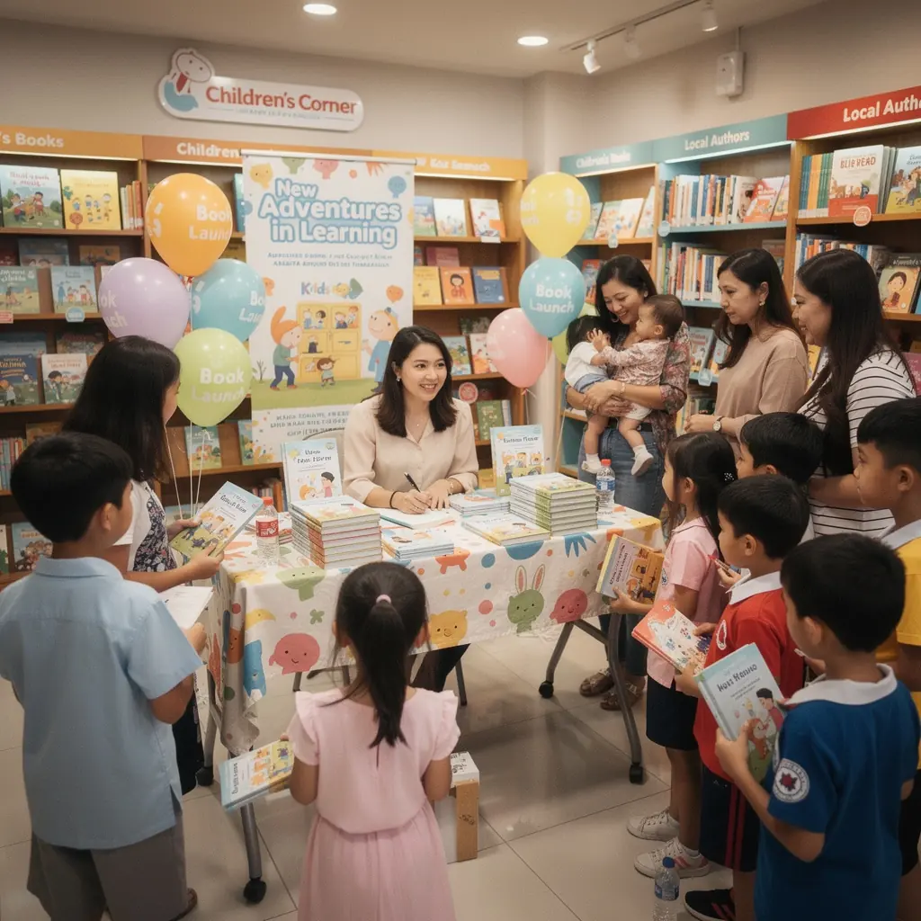 A parent and child engaged in a storytelling session, surrounded by vibrant book covers.